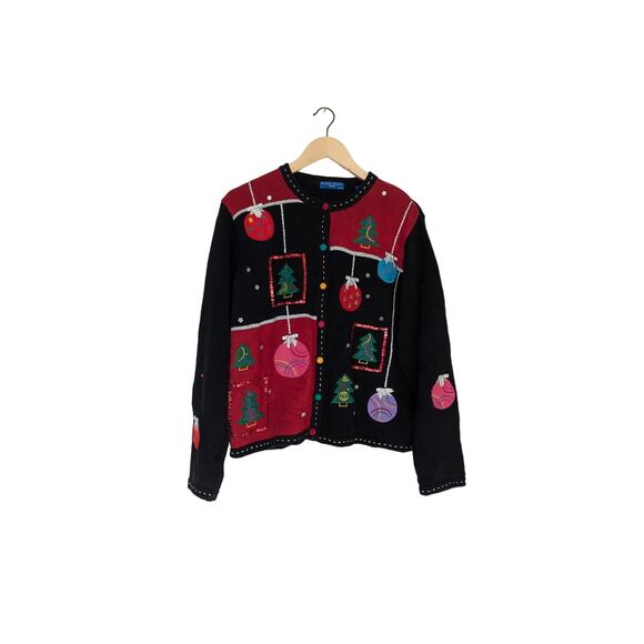 Karen Scott Petite Embroidered Ornaments & Trees Ugly Christmas Sweater Cardigan - Picture 1 of 11